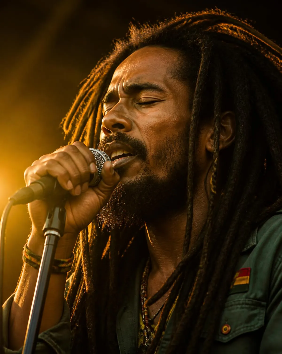 Dub tocando baixo na praia ao entardecer