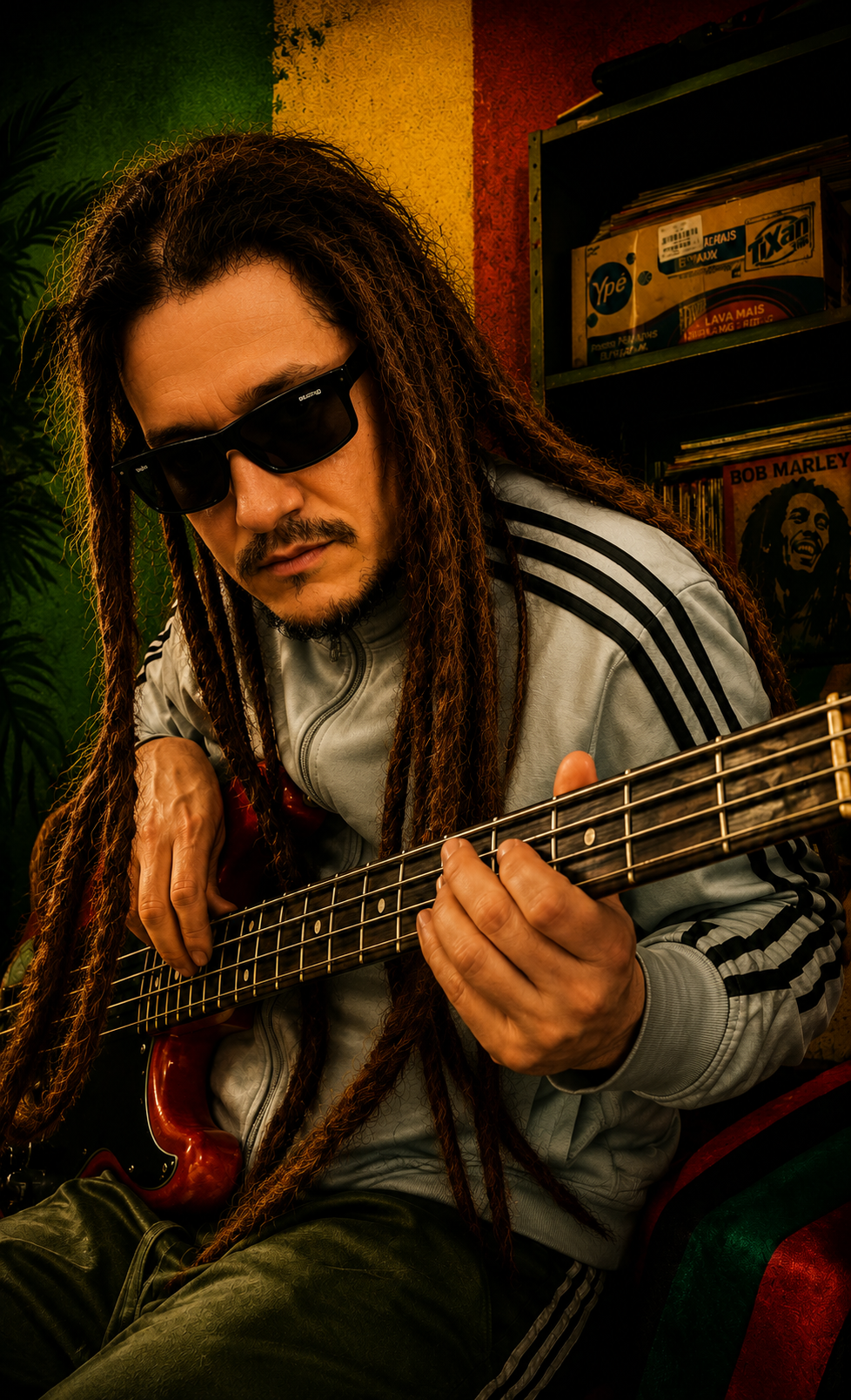 Dub com fones de ouvido, gravando com interface de áudio, camiseta Jamaica