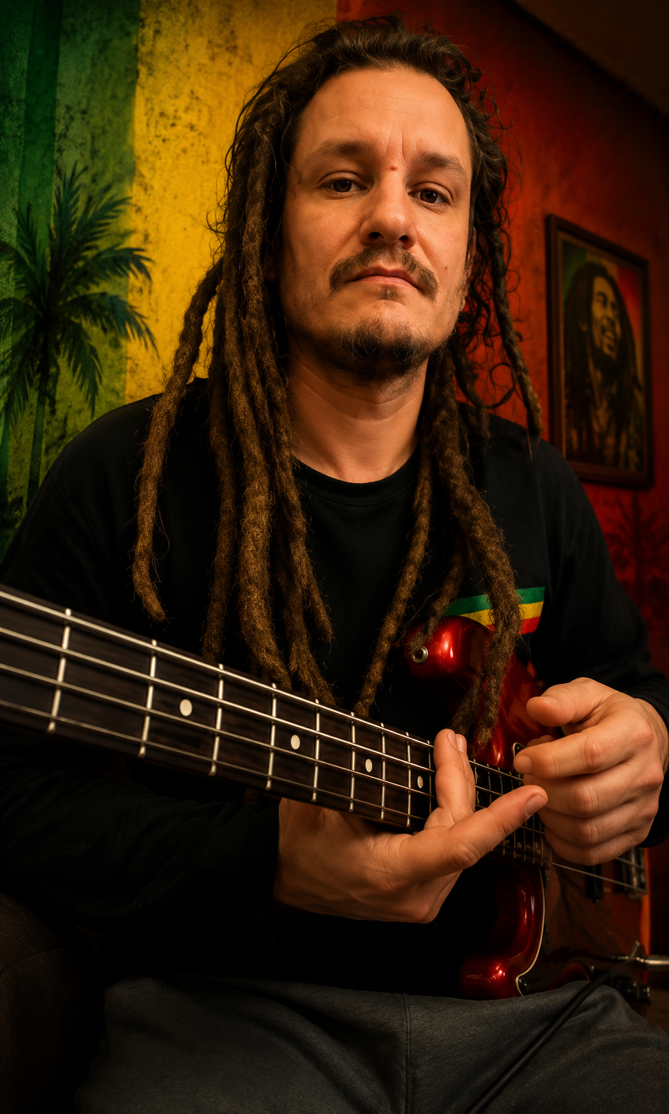 Retrato de Dub segurando o baixo, olhando para a câmera
