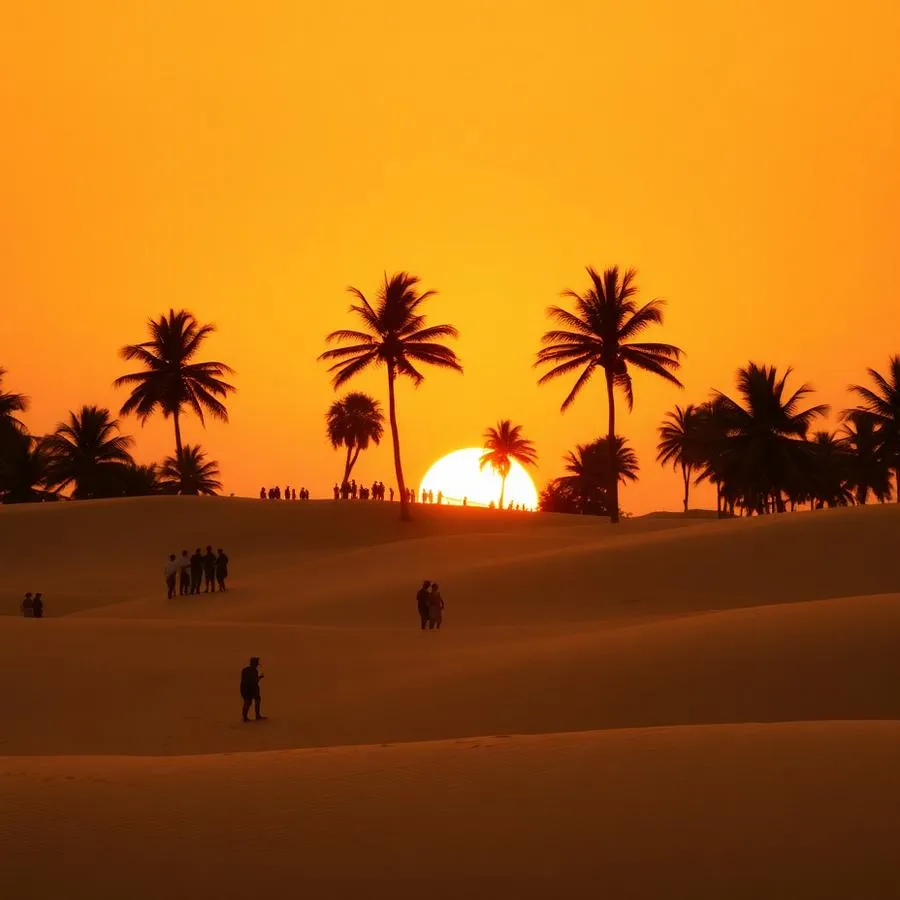 Dunas de Jericoacoara ao pôr do sol com coqueiros