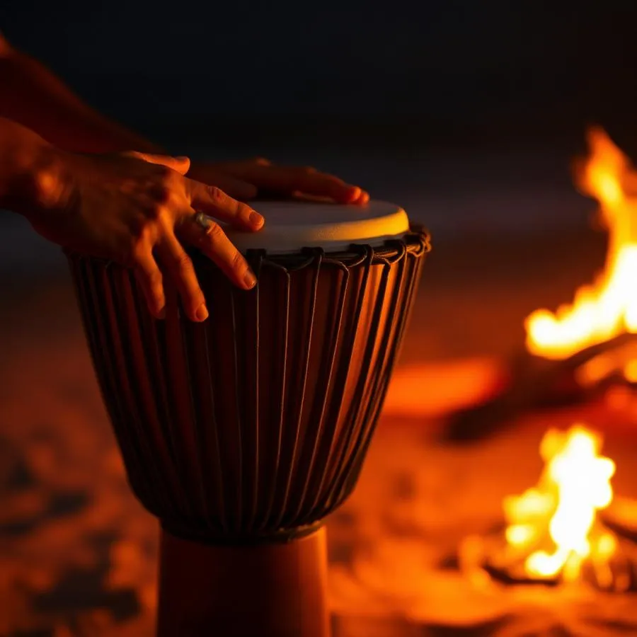 Mãos tocando djembe ao lado de fogueira na praia